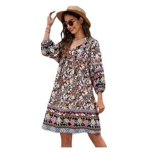 BlueTime Floral Print V Neck Tie Strings Loose Dress Size XXL Lightweight